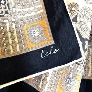 Vintage ECHO silk scarf square black border tan & orange paisley print 1970s